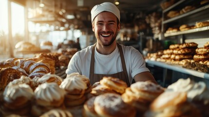 A happy baker proudly presenting an array of delicious pastries in his artisan bakery, showcasing craftsmanship, warmth, and a love for baking in a welcoming atmosphere.