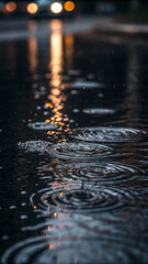 Raindrops create ripples in a puddle reflecting the street lights at dusk.