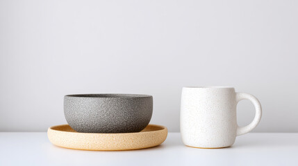 Gray bowl and white cup on white background