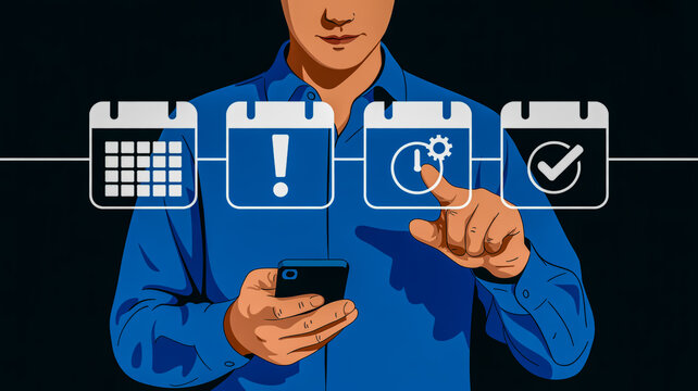 Man using calendar app for task management scheduling and reminders on mobile phone for productivity