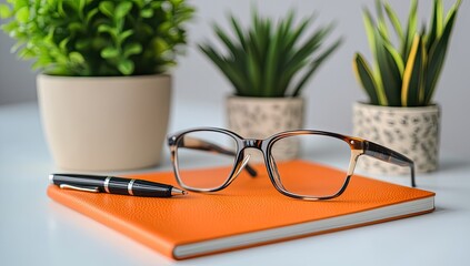 Orange notebook, eyeglasses, and plants on a white surface