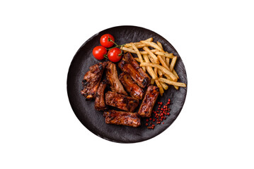 Meat, beef ribs in a marinade grilled with salt and spices. Grilled ribs