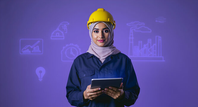 Confident Female Engineer Using Tablet Against Purple Background with Industrial Graphics