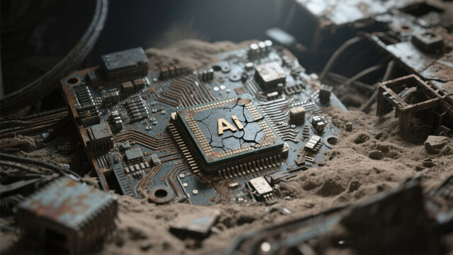 Artificial Intelligence Computer Chip on Dusty Circuit Board in Abandoned Environment