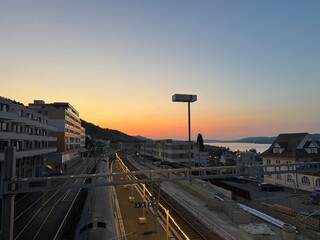 Horgen Oberdorf Bahnhof (Train station) at Sunset, Kanton Zurich, Switzerland