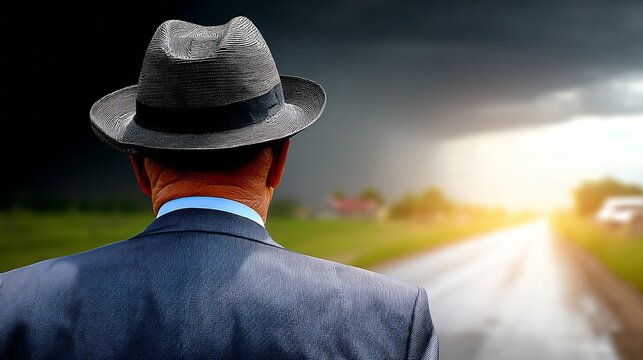 Man wearing a hat and suit walking on a rural road during sunset or sunrise