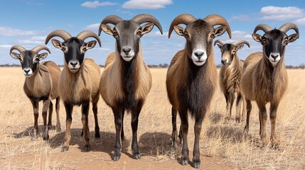 Fototapeta premium Group of six goats standing on dry grassland under a blue sky