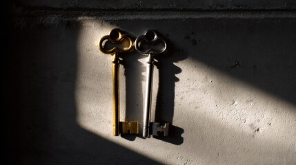 Vintage-style golden and silver keys with ornate cloud-shaped bow designs resting on a rough gray concrete surface, illuminated by a beam of light casting shadows, 