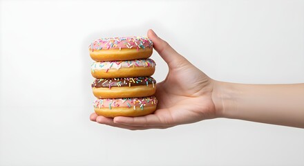 Donut, Donuts, Hand, Stack of four donuts in a hand
