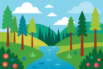 Obraz premium Beautiful summer landscape with a green forest, trees, and mountains under a blue sky with clouds