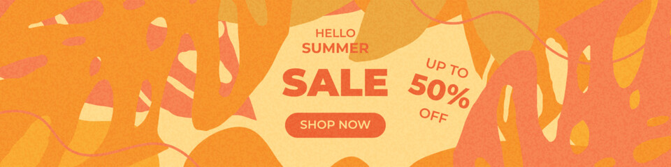 Eye-catching summer banner template with abstract elements, tropical leaves and summer sale text. For summer offers, tropical sales, and online summer campaigns