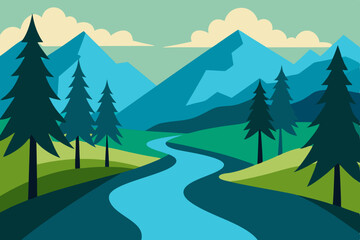 Fototapeta premium A picturesque mountain road winds through a lush green summer landscape, framed by towering peaks, a clear blue sky, and a dense pine forest
