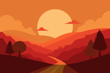 Vibrant autumn mountain landscape at sunset with a beautiful orange sky and distant clouds, illustrating nature's stunning horizon