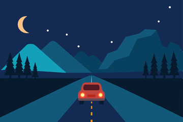 Retro cartoon illustration of a car driving on a city road at night, with trees and buildings under a starry sky