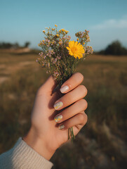 Hand with Yellow Floral Nail Art Holding Wildflowers in a Summer Field