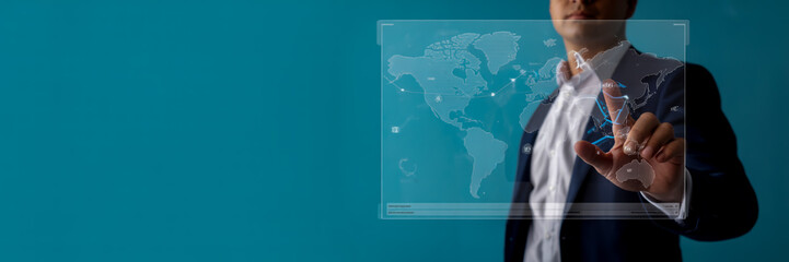 Businessman interacting with futuristic interface world map global network technology concept