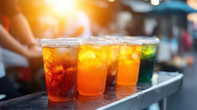 A delightful array of colorful refreshing beverages in transparent cups, captured in sunlight at a vibrant outdoor market, emphasizing summer joy and social experiences.