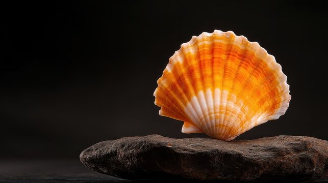 A beautifully patterned seashell rests gracefully on a stone, showcasing nature's artistry and evoking a sense of tranquility and appreciation for marine life.