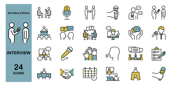 Interview and Media Icon Set — Job and Communication. Editable stroke. Colored vector illustration.