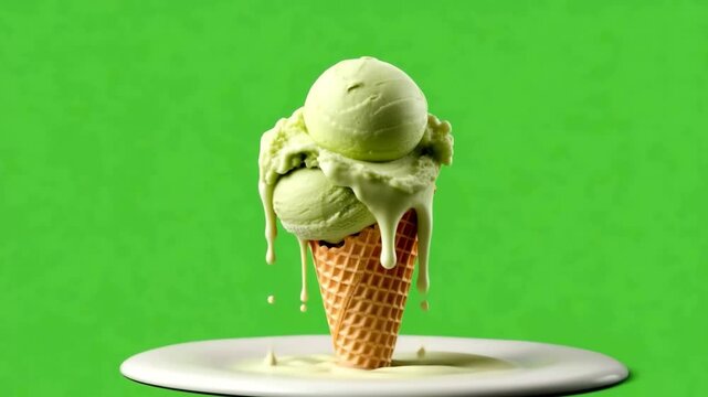 Melting Green Ice Cream on Green Screen