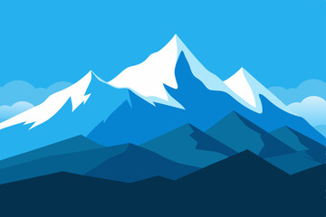 Mountain landscape vector illustration of a snowy peak with a cold, foggy sky and blue morning clouds