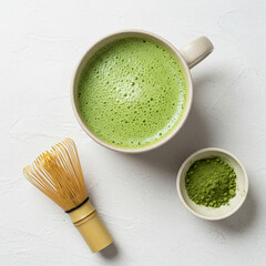 Ceremonial-style matcha latte with bamboo whisk and powder. Minimalist Japanese tea presentation with clean, calming design.