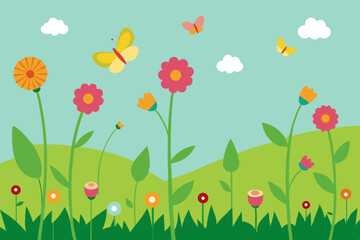 Vibrant spring flowers in a sunny meadow with butterflies and green grass create a beautiful floral nature background design