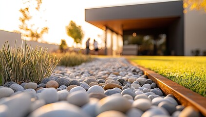Fototapeta premium Pebble pathway leading to modern home