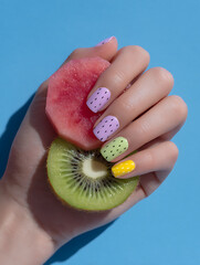 Fruit-inspired pastel summer nails with watermelon and kiwi design on blue background