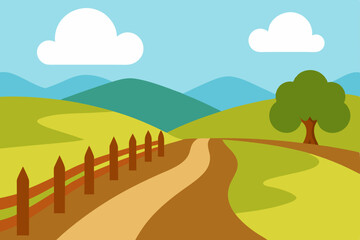 Obraz premium A summer landscape vector illustration features a road winding through green hills and a meadow under a sunny sky with clouds, offering a scenic countryside view