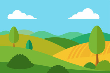 Obraz premium Green summer landscape with trees, hills, and mountains under a blue sky with clouds