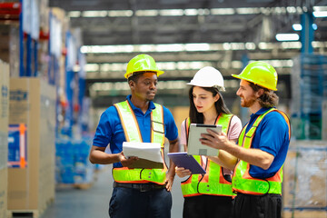 Warehouse professionals in reflective safety vests and helmets discussing inventory with digital...