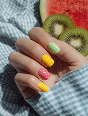 Colorful summer polka dot manicure with watermelon and kiwi aesthetic