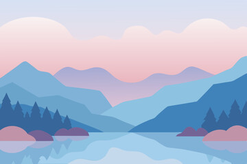 Misty winter mountain landscape with a serene lake view under a blue sky, ideal for nature illustrations