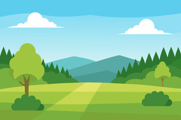 A vibrant cartoon landscape illustration of green hills and a sunny meadow with trees, mountains, and clouds under a blue sky