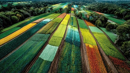 Aerial View of Colorful Farmland: A breathtaking aerial shot reveals vibrant stripes of various crops creating a stunning patchwork of colors across a vast farmland.