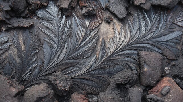 Delicate frost patterns over rough charred wood for icy and burnt interplay