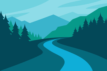 Mountain road winding through a snowy winter landscape with a panoramic view of the cold, green valley, and distant peaks under a vast sky