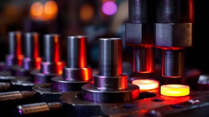 A machine is making metal parts with red lights