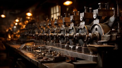 A row of old machines with many nuts and bolts