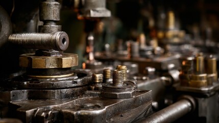 A close up of a machine with many nuts and bolts