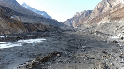 Glacial moraines of mixed rock and ice debris extending across valley floor