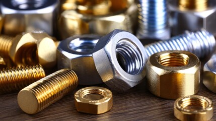 A collection of nuts and bolts, including gold and silver ones
