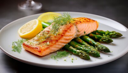 grilled salmon fillet with asparagus lemon slices and herb butter served on white plate elegant restaurant presentation