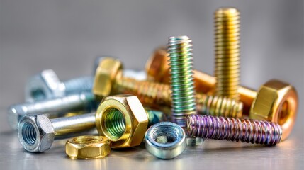 A collection of different colored bolts and nuts