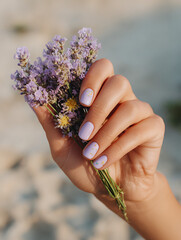 Lavender nail art with delicate floral design holding purple wildflowers