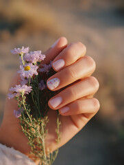 Minimal pink floral nails holding purple wildflowers in natural sunlight