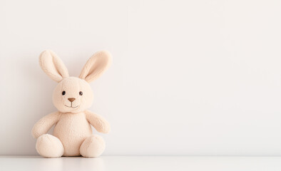 Fototapeta premium Soft beige plush bunny toy sitting on a white background. 