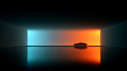 The car is parked in the middle of the room where light and shadow interweave