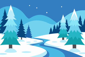 Fototapeta premium Serene Winter Landscape Snowy Mountains, Frozen River, and Evergreen Trees